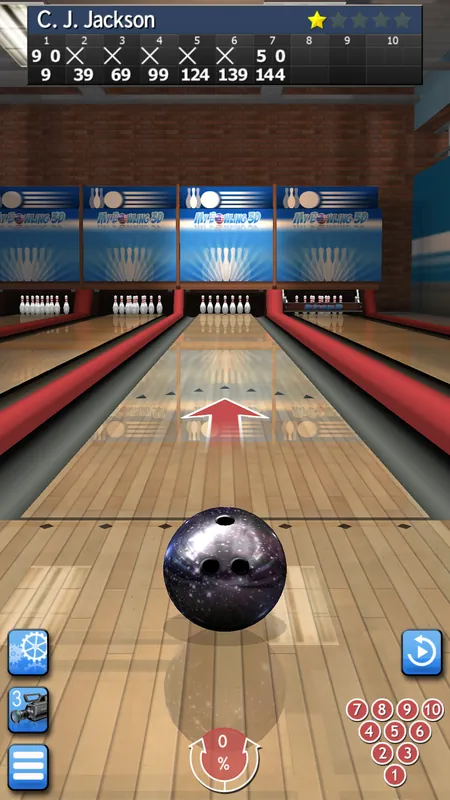 My Bowling 3D — a ball rolling down the lane towards a full rack of pins