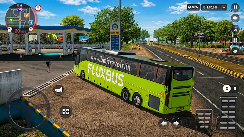 Bus Masters: India Simulator — a green intercity coach pulling out of a highway bus stop
