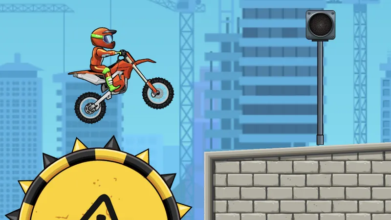 Moto X3M Bike Race Game — stunt bike mid-jump over an obstacle on a city construction course