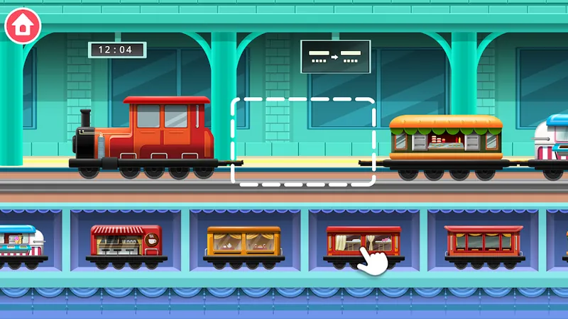 Train Builder Games for kids — a cartoon steam train being assembled at a station platform